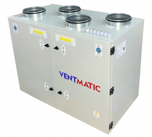 Приточно-вытяжная установка Ventmatic VMPVU-E-RR-300-1.8/1-2-V с роторным рекуператором, электронагрев, 300м³/ч, выхлоп вверх, напольная