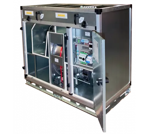 Приточно-вытяжная установка Ventmatic VMPVU-PKMiV-E-RR-1500-9/3-1-EC-A с роторным рекуператором, электронагрев, 1500м³/ч, выброс вверх, напольная