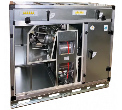 Приточно-вытяжная установка Ventmatic VMPVU-PKMiV-E-RR-1500-9/3-1-EC-A с роторным рекуператором, электронагрев, 1500м³/ч, выброс вверх, напольная