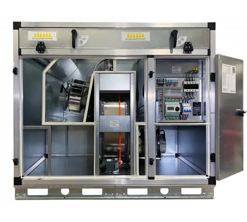 Приточно-вытяжная установка Ventmatic VMPVU-PKMiV-E-RR-1500-9/3-1-EC-A с роторным рекуператором, электронагрев, 1500м³/ч, выброс вверх, напольная