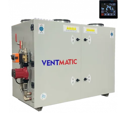 Приточно-вытяжная установка Ventmatic VMPVU-W-RR-500-2-V с роторным рекуператором, водяной нагрев, 500м³/ч, выхлоп вверх, напольная